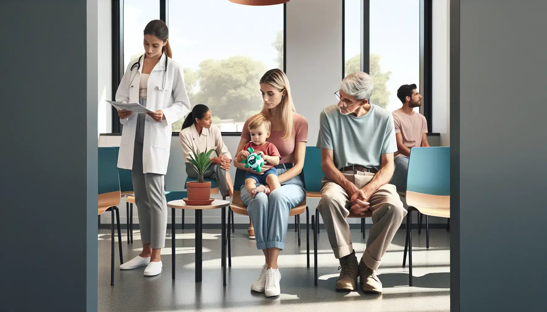 Sala de espera luminosa en centro de salud con diversidad de pacientes, incluyendo mujer con niño y profesional médico hablando con paciente.