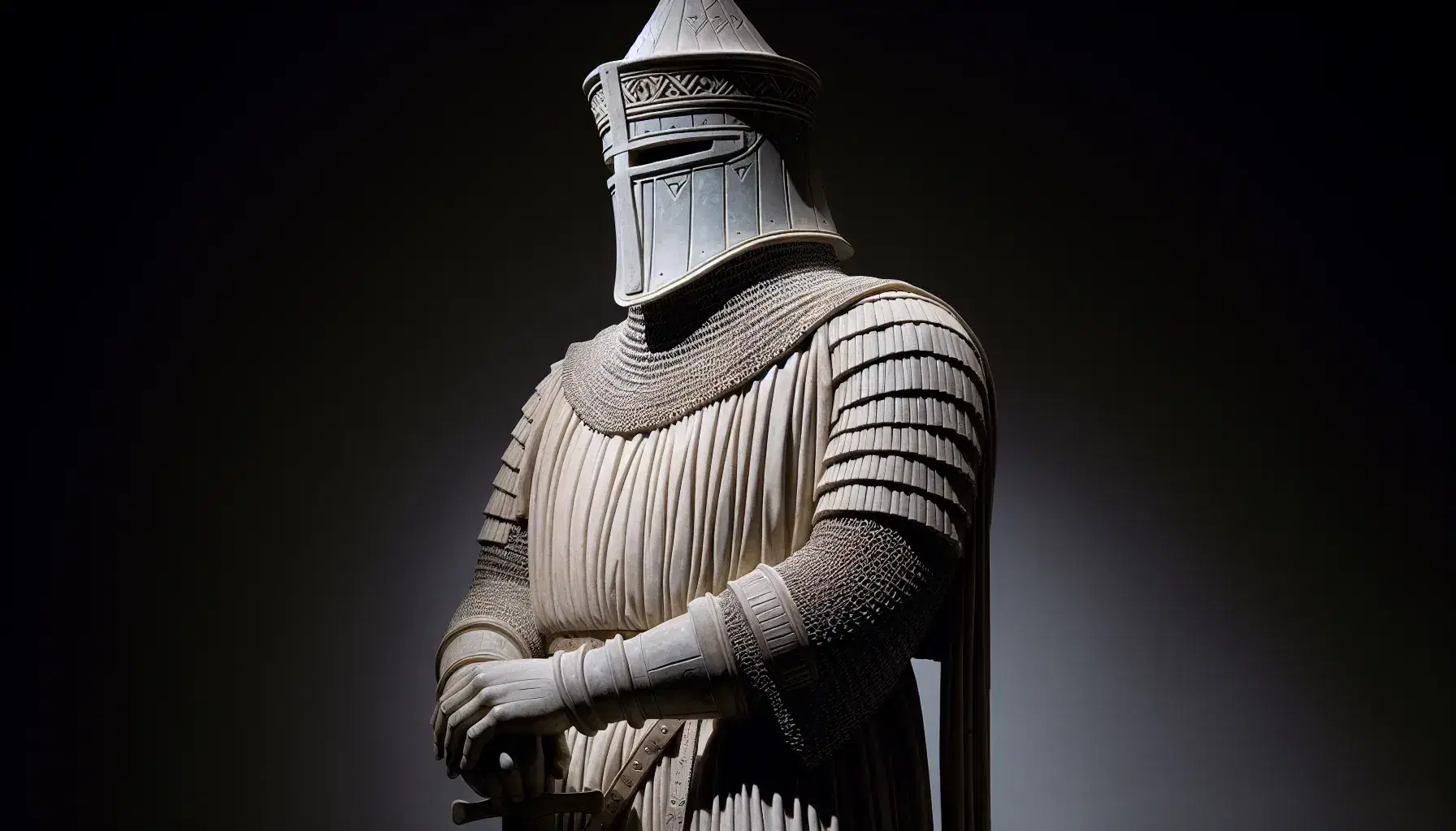 Scultura in pietra chiara di guerriero longobardo in armatura con spada e scudo, dettagli accurati e postura eretta.