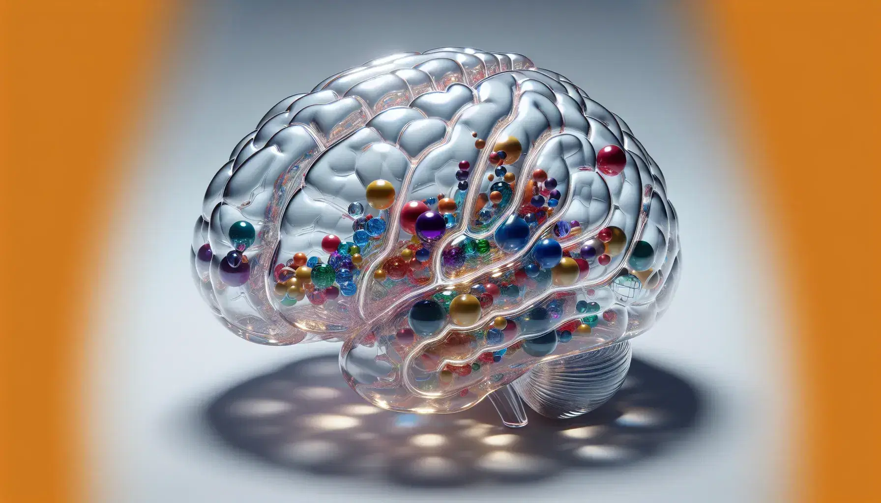 Transparent glass human brain with anatomical details and colorful geometric shapes suspended inside on white background.