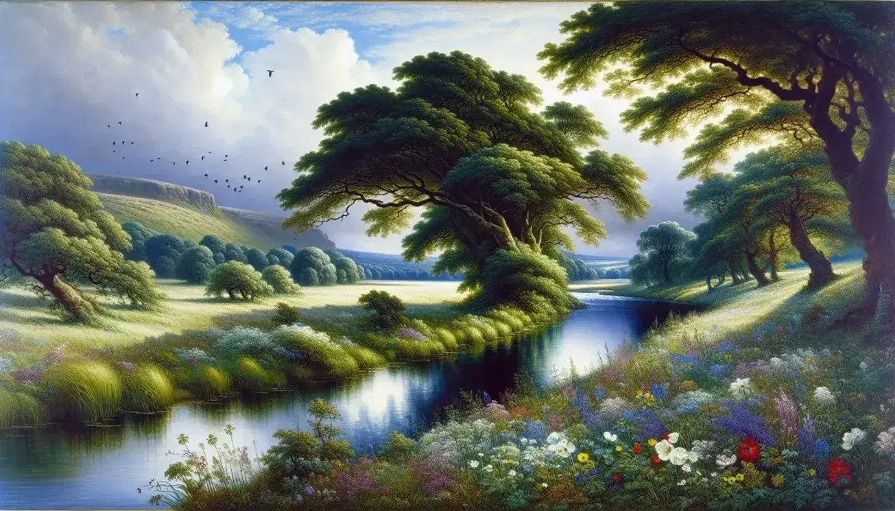 Serene English countryside landscape with wildflower meadow, winding river, sheltering trees, and rolling hills under a pastel sky.