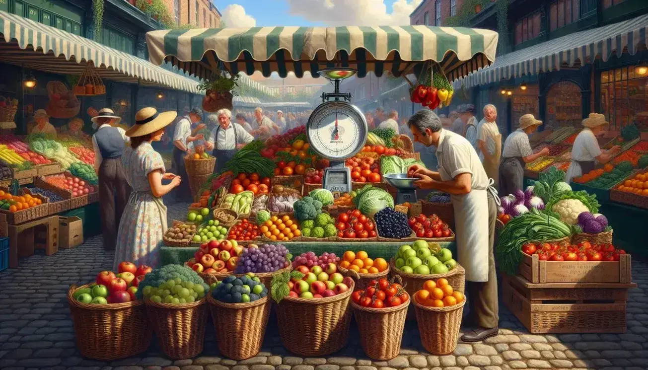 Mercato all'aperto con banco frutta e verdura colorato, cliente sceglie mele, venditore pesa pomodori, cielo sereno.