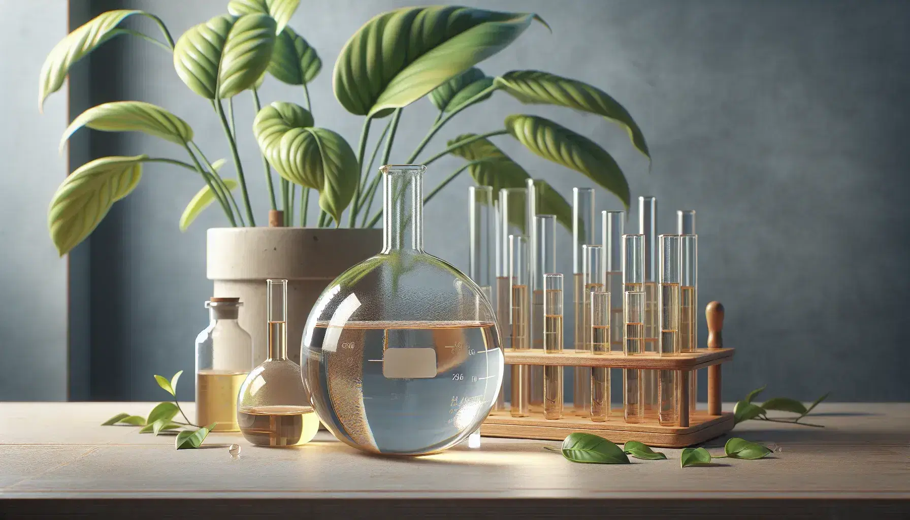 Glass bottle with amber liquid on wooden laboratory bench, colorful test tubes in rack and blurry green plant in background.