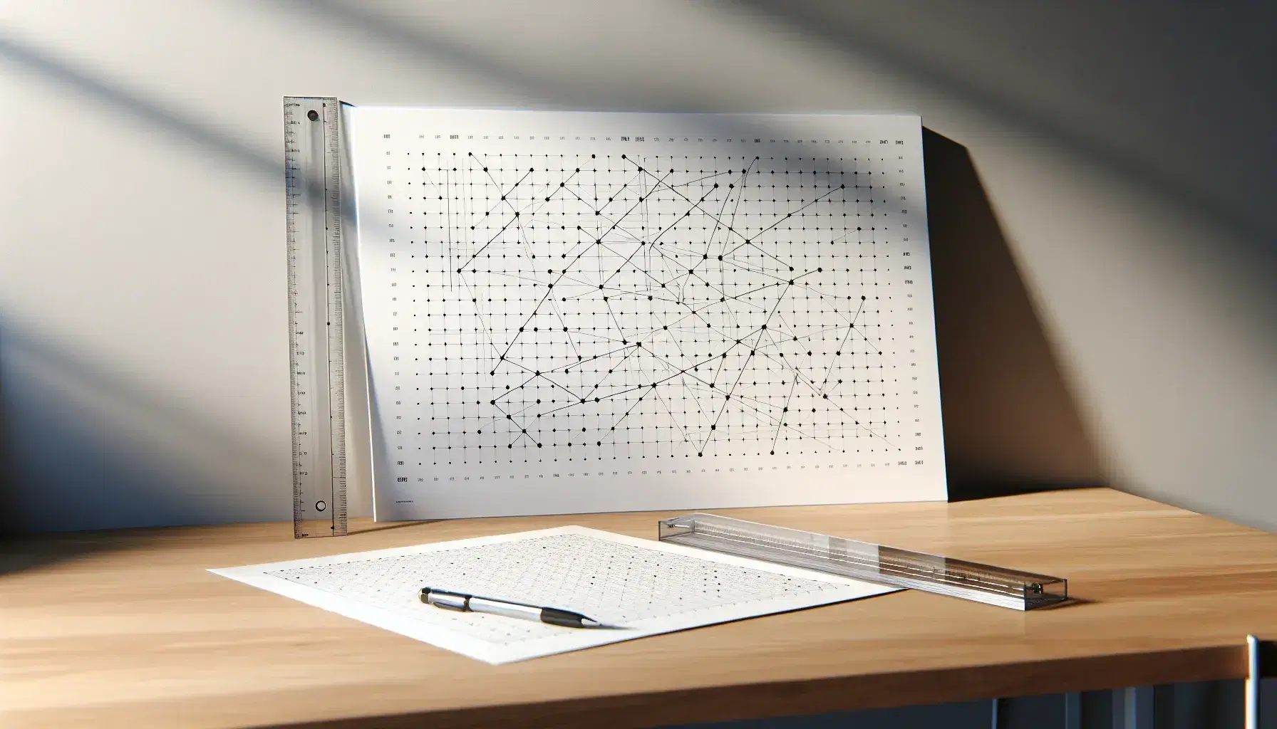 Organized desk with grid paper featuring a network of connected dots, a transparent ruler, and a mechanical pencil on a wooden surface, near a blank blackboard.