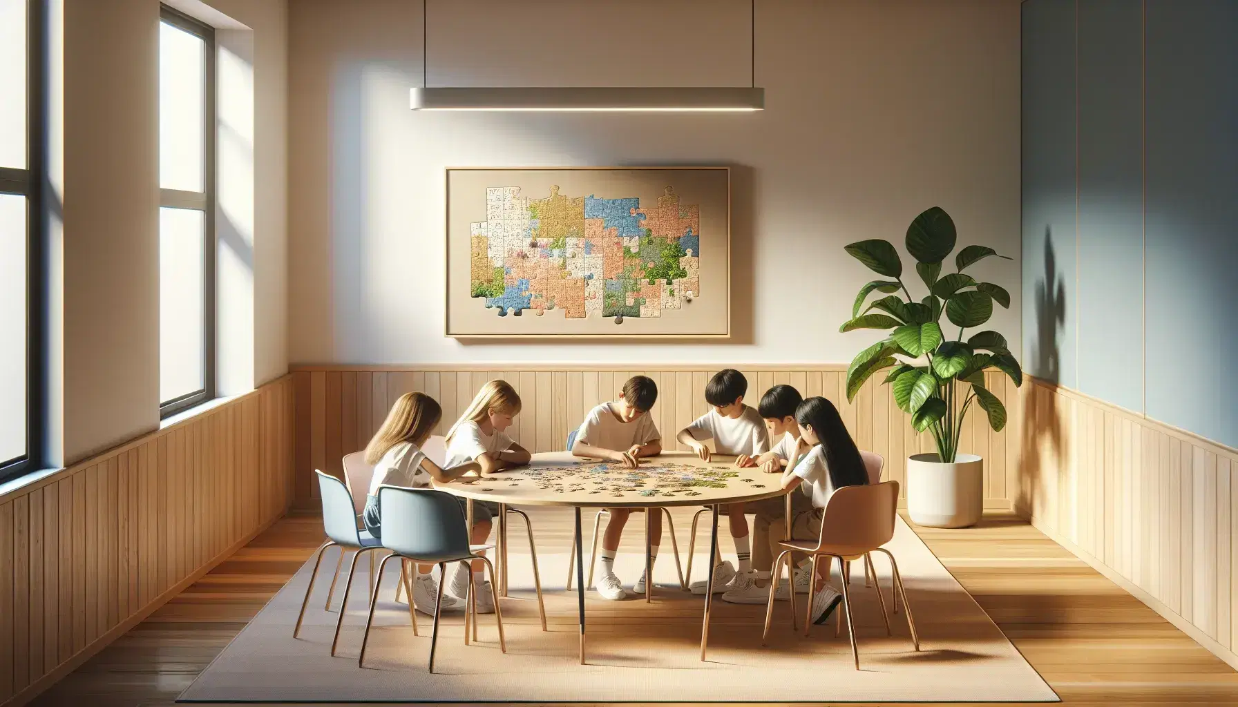 Estudiantes de diversas edades colaborando en un rompecabezas sobre una mesa redonda en un aula moderna iluminada por luz natural.