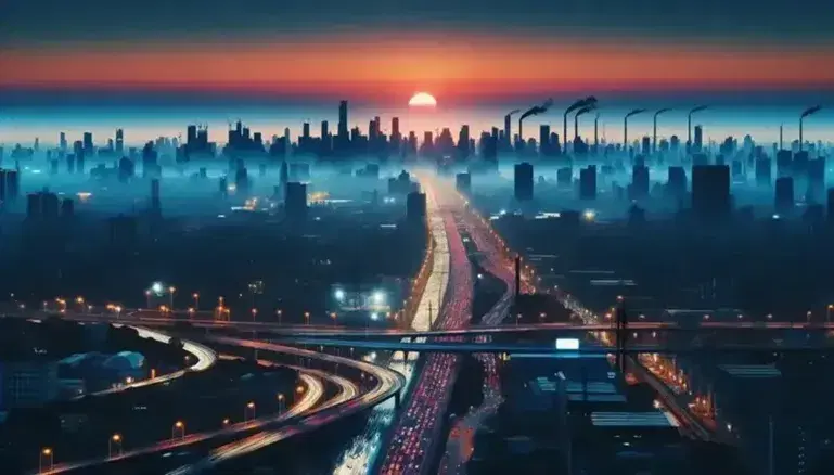 City view at dusk with busy highways, golden skyscrapers, industrial smoke and a setting sun on the horizon.