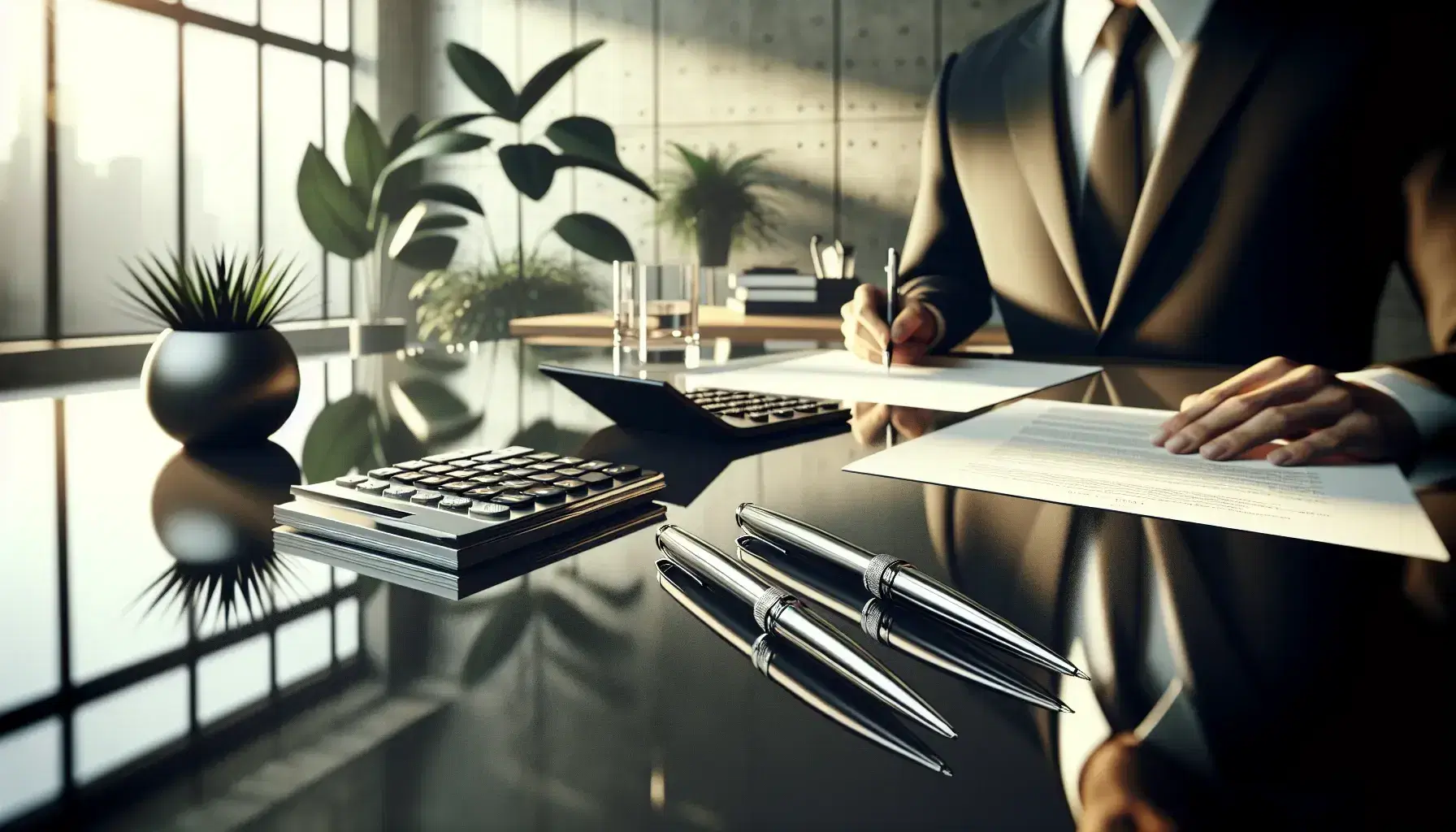 Modern office setting with a glass table holding financial tools, a calculator, papers, pens, and a professional reviewing documents, with a potted plant in the background.