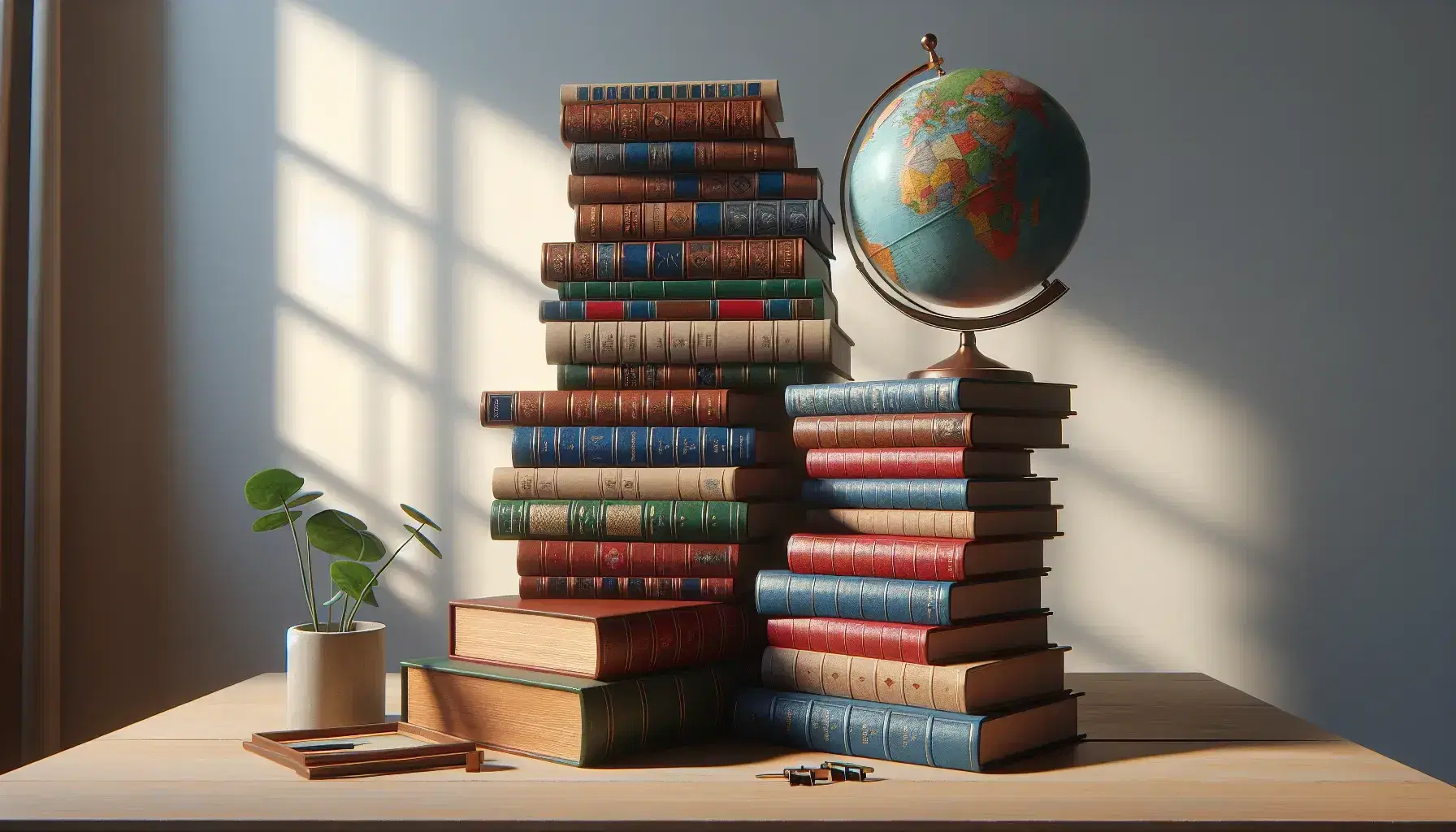 Libros apilados en forma de escalera sobre mesa de madera clara con globo terráqueo mostrando Europa y África, bajo iluminación natural que resalta colores y texturas.