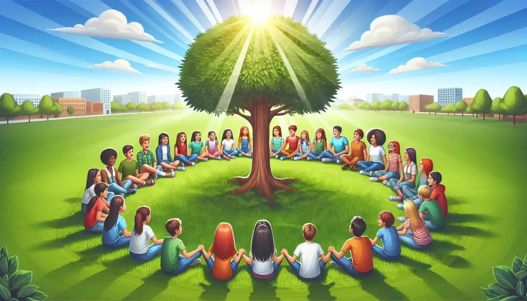 Grupo diverso de niños y adolescentes sentados en círculo bajo un árbol en un campo de hierba, disfrutando de la luz solar y la naturaleza.