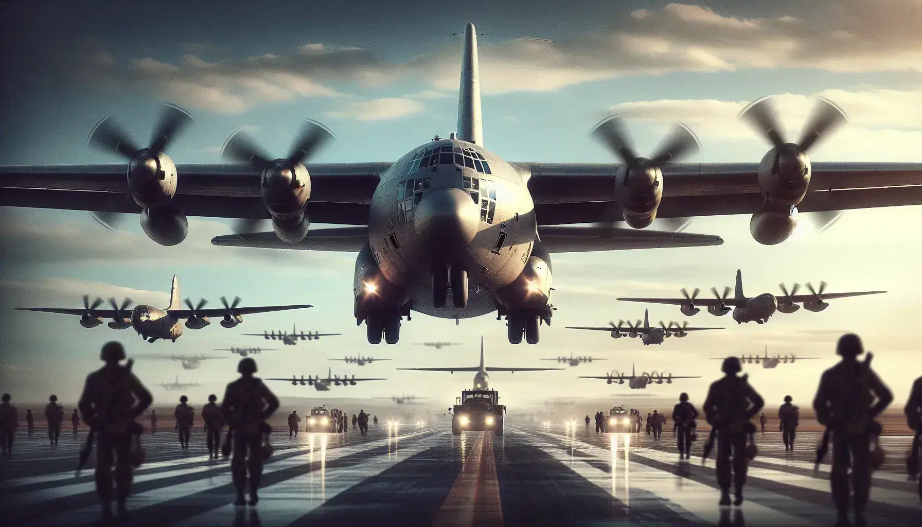Historical city blockade scene with a four-engine military transport plane landing at dawn, ground crew approaching, and other aircraft waiting.