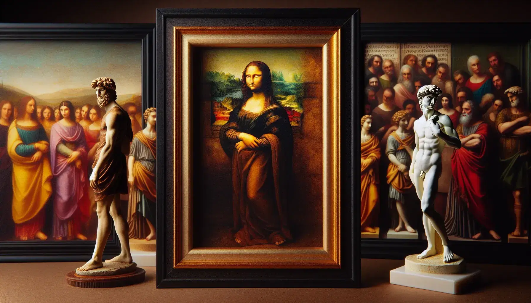 Riproduzioni in miniatura di 'Mona Lisa' di Leonardo, statua 'David' di Michelangelo e affresco 'Scuola di Atene' di Raffaello su sfondo neutro.