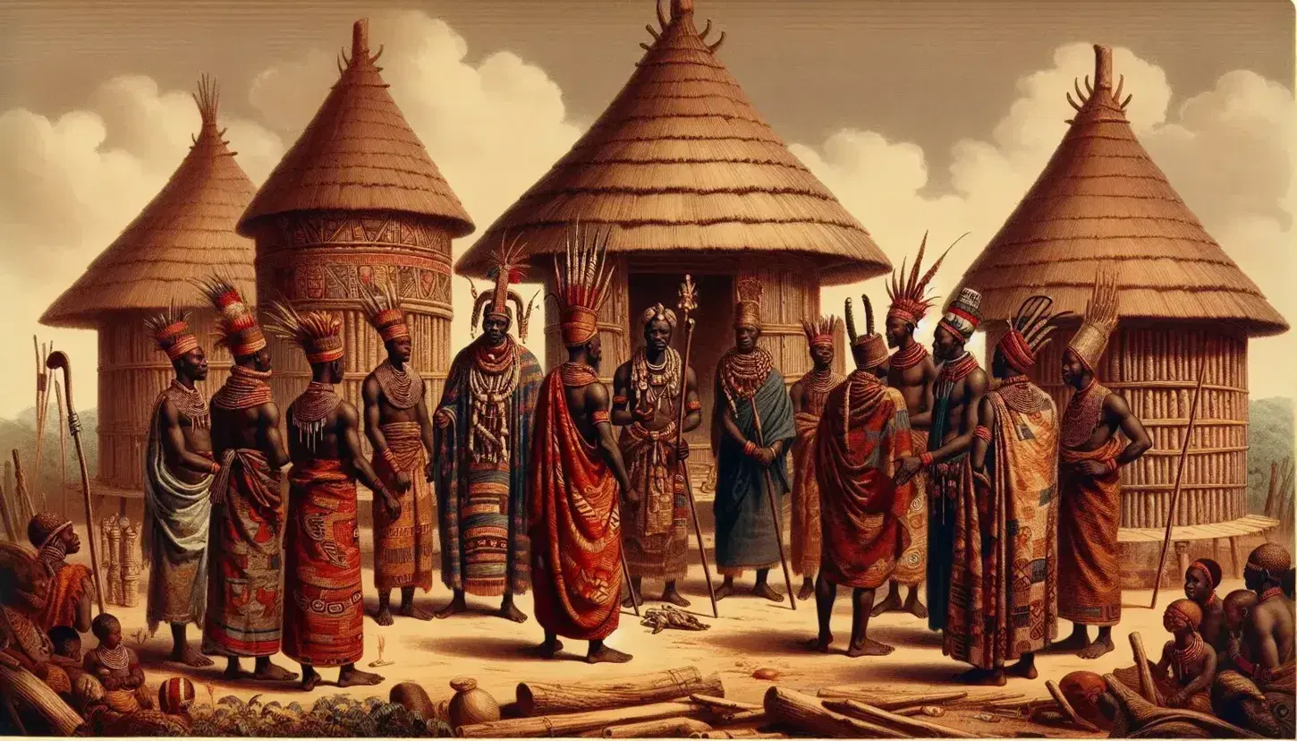 Traditional Kongo attire on individuals with a noble in an ornate headdress, conversing near a thatched-roof dwelling amidst lush tropical foliage.
