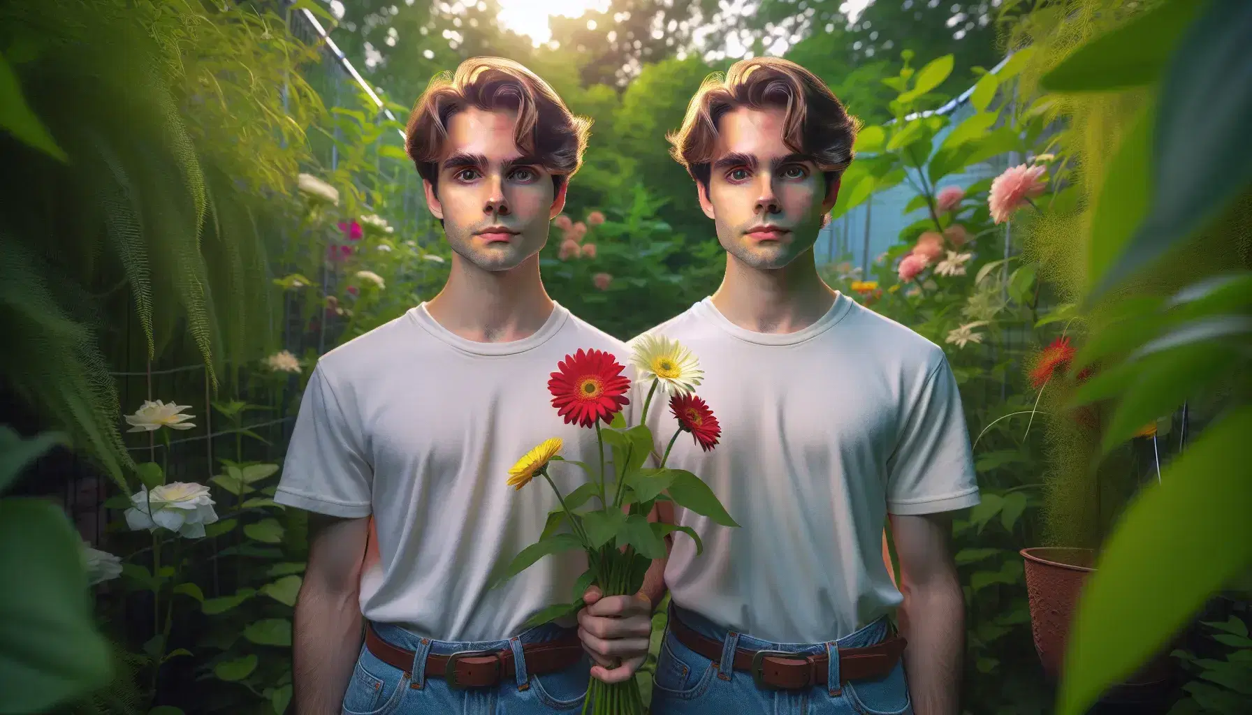Identical twins in white tees and blue jeans holding red and yellow flowers stand side by side in a lush garden, highlighting their similar features.