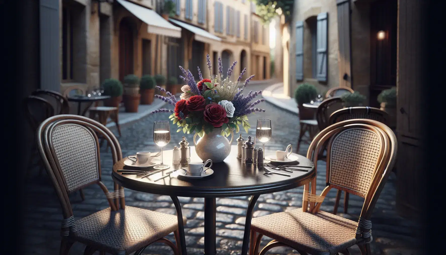 Traditional French bistro setting with a round wooden table set for two, fresh flowers in a vase, and rattan chairs on a cobblestone street.