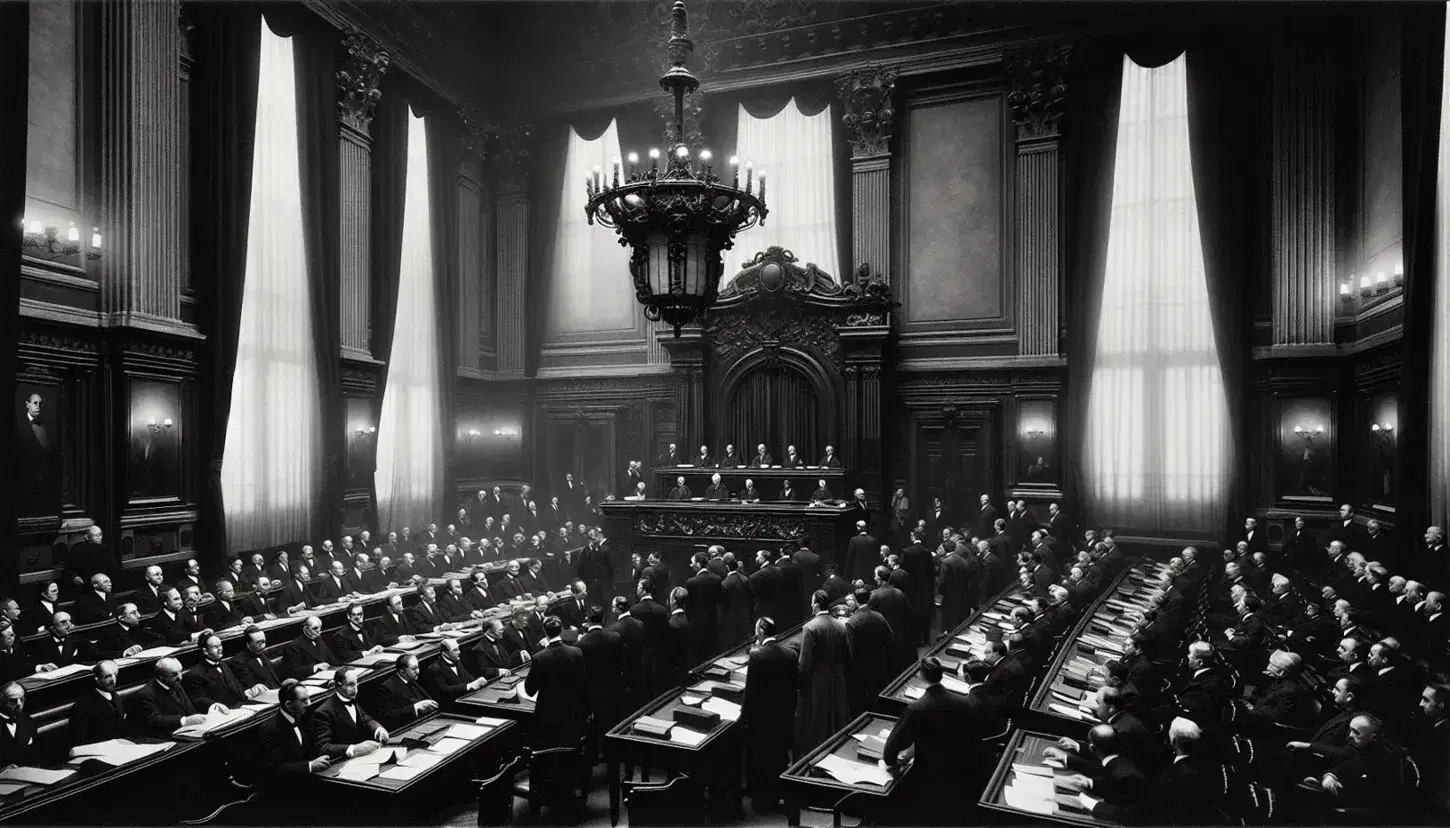 Fotografia in bianco e nero dell'interno dell'Assemblea Costituente italiana del 1946 con membri in abiti formali, seduti e in piedi, in un'aula solenne.