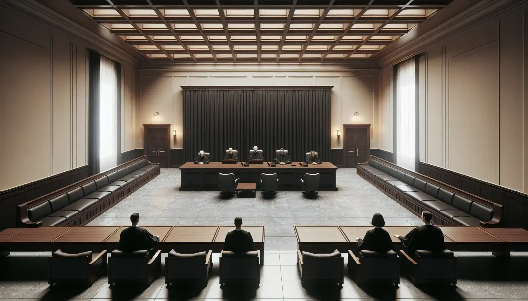 Sala de audiencias de un tribunal con mesa central para juez, dos mesas para abogados y bancos de madera para público, iluminada por luz natural.