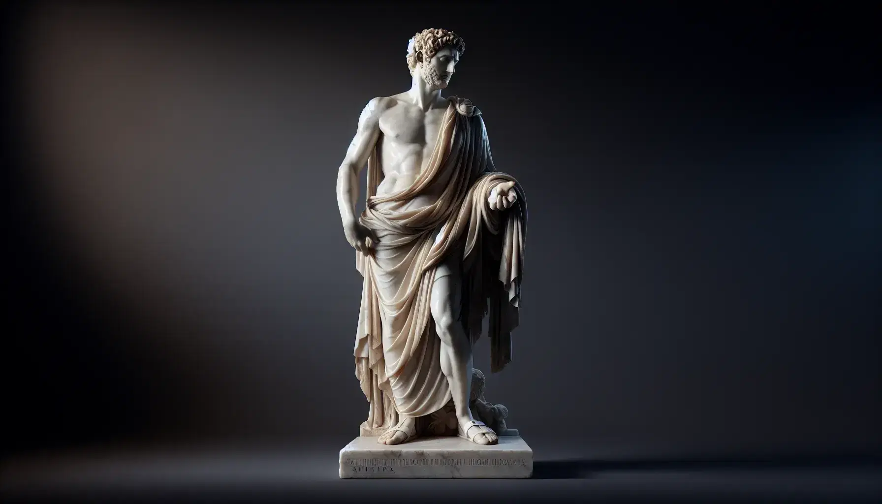 Statua in marmo di figura romana con toga, in piedi, gesto eloquente, senza iscrizioni, in ambiente neutro che suggerisce un museo.