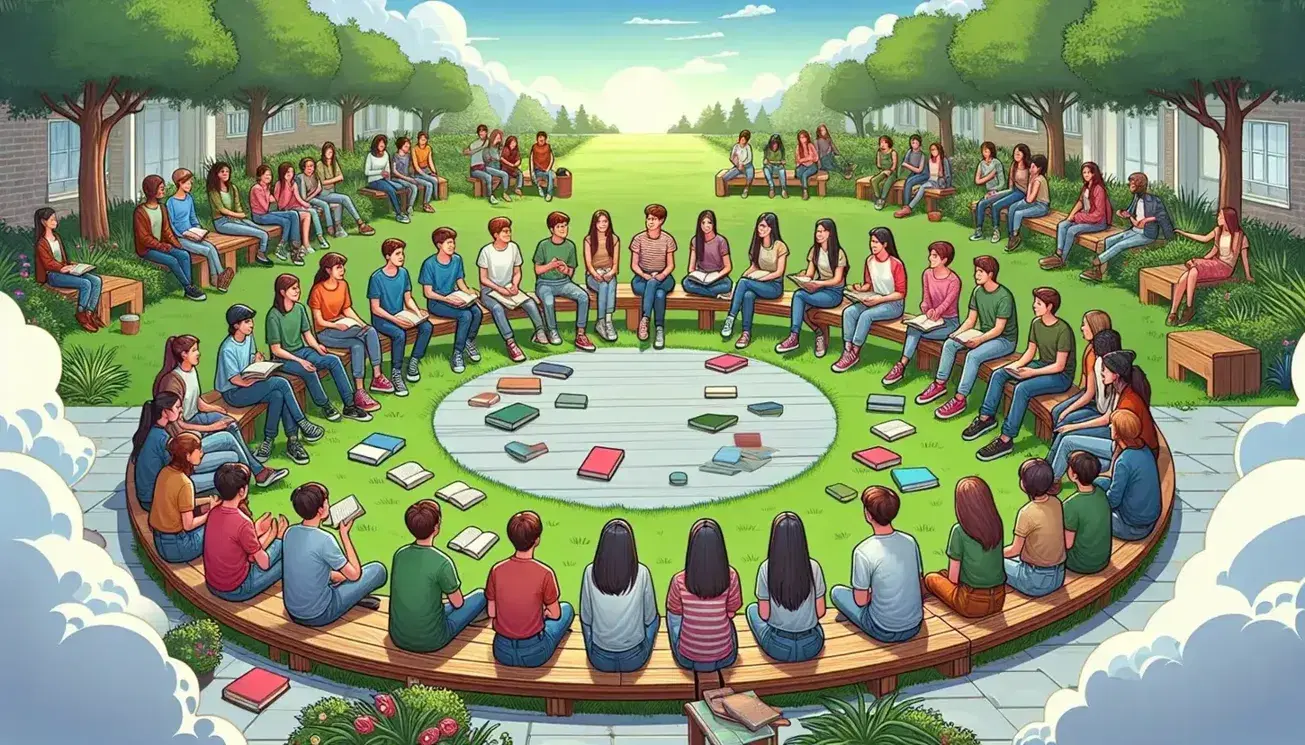 Studenti seduti in cerchio su panchine in un giardino esterno, discutono attivamente e ascoltano, circondati da alberi e cielo azzurro.
