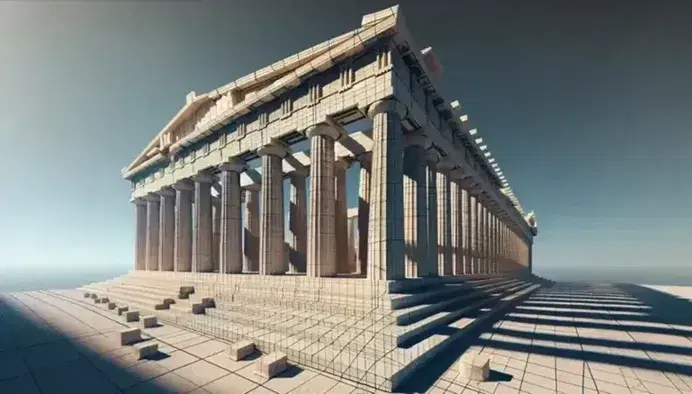 Ancient Greek Parthenon temple with Doric columns and triangular pediment under a blue sky, example of geometric architecture.