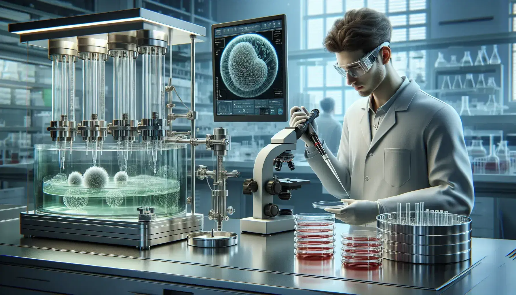 Scientist pipetting liquid into petri dishes on a lab bench with a bioreactor and colorful flasks in the background, showcasing biotech research.