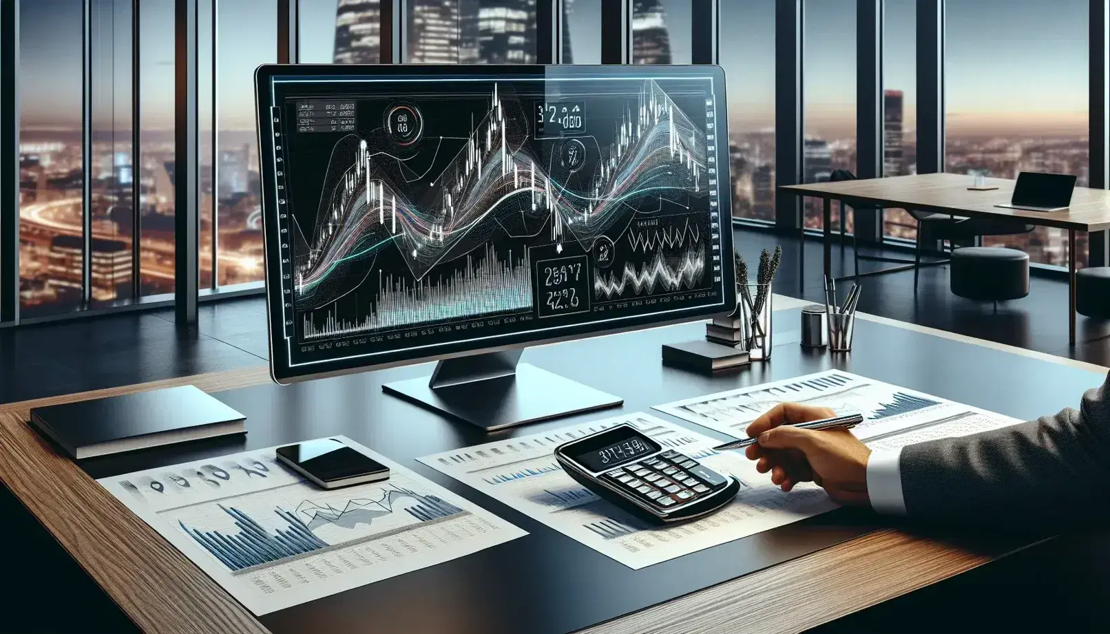 Modern office with a desk featuring a stock market trading monitor, calculator, and papers with charts, hands at work during sunrise or sunset city backdrop.