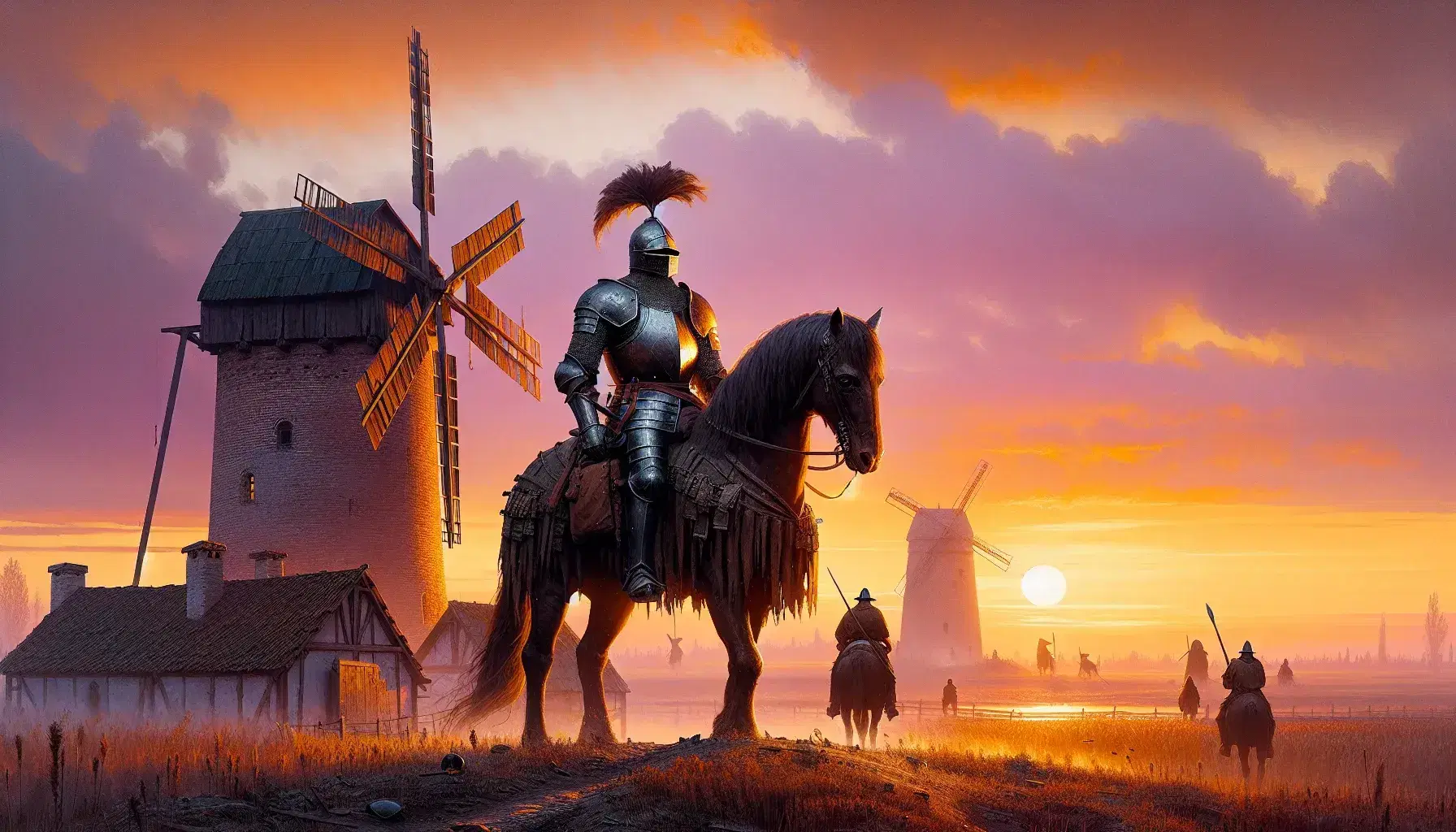 Caballero con armadura montando un caballo marrón oscuro frente a molinos de viento al atardecer, con cielo anaranjado y morado y edificio al fondo.