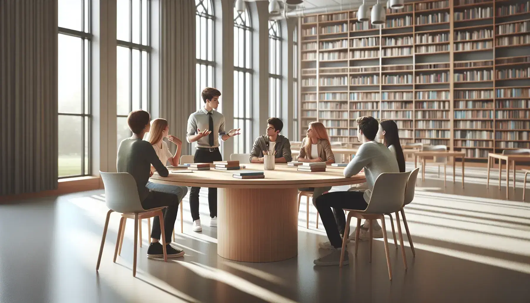 Aula luminosa con estudiantes alrededor de una mesa redonda discutiendo activamente, profesor moderando y estanterías con libros al fondo.