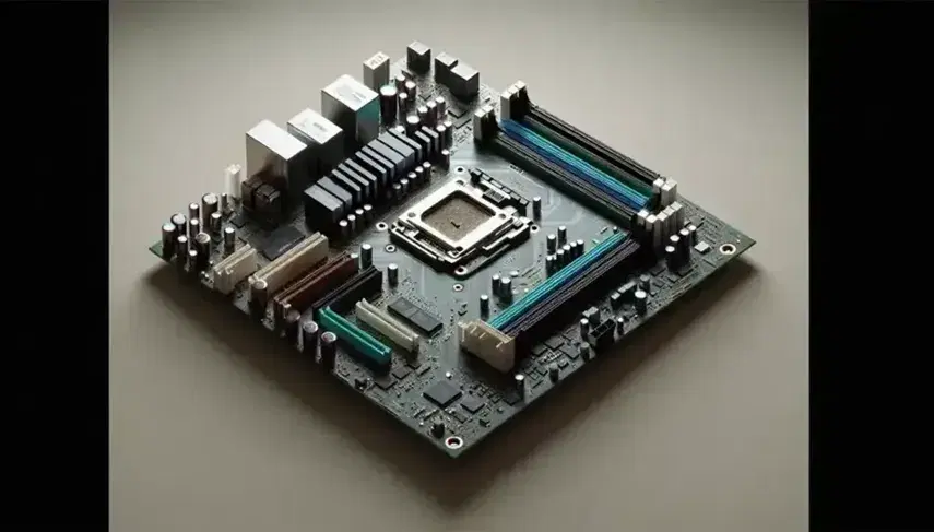 Scheda madre di computer con slot RAM, connettori di espansione, socket CPU, condensatori e tracce di rame su superficie neutra.