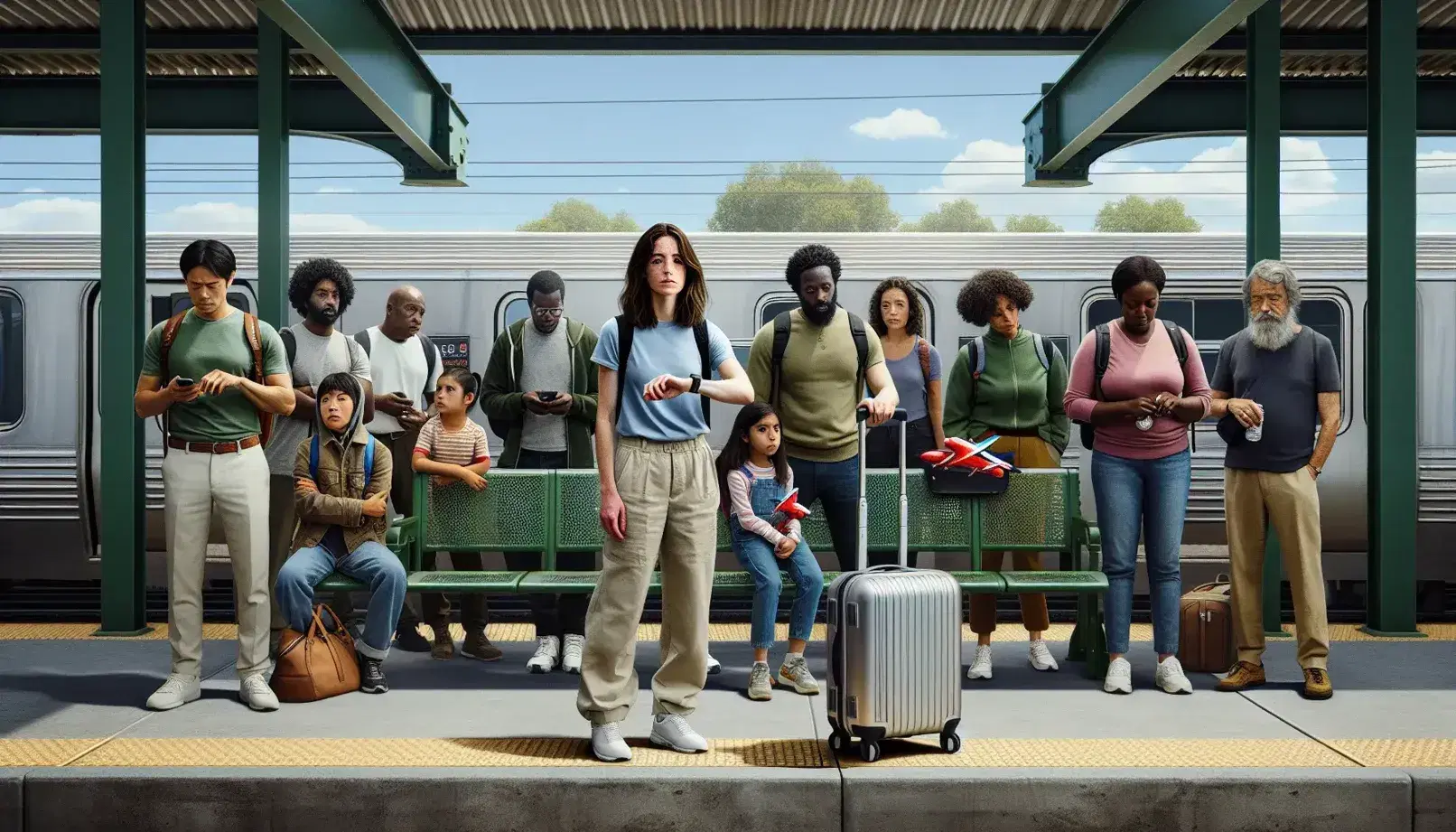 Diverse passengers waiting on a sunny train platform with a modern train, a woman with a suitcase, a man checking his watch, and a family with a child holding a toy airplane.