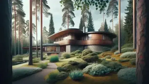 Villa Mairea di Alvar Aalto in Finlandia, capolavoro architettonico con tetto spiovente in legno scuro, pareti chiare, grandi finestre, immersa in un giardino rigoglioso e circondata da alberi.