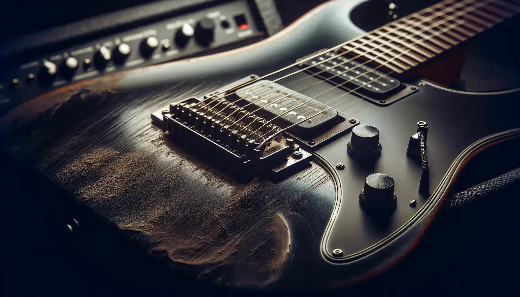 Guitarra eléctrica desgastada con cuerpo negro y cuerdas metálicas sobre fondo borroso de amplificador, reflejando uso intensivo y pasión musical.