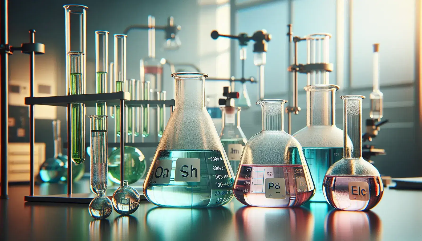 Laboratory with beakers and flasks containing colored liquids of Group 13 compounds, blurred equipment in the background.