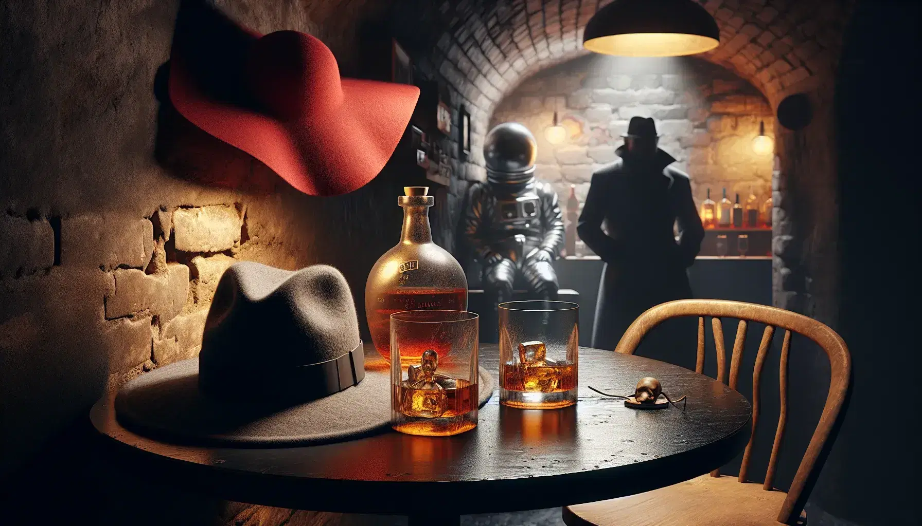 Interno accogliente di un bar sotterraneo con tavolo rotondo, bicchieri di whisky, cappelli da uomo e donna, e figura misteriosa in angolo buio.
