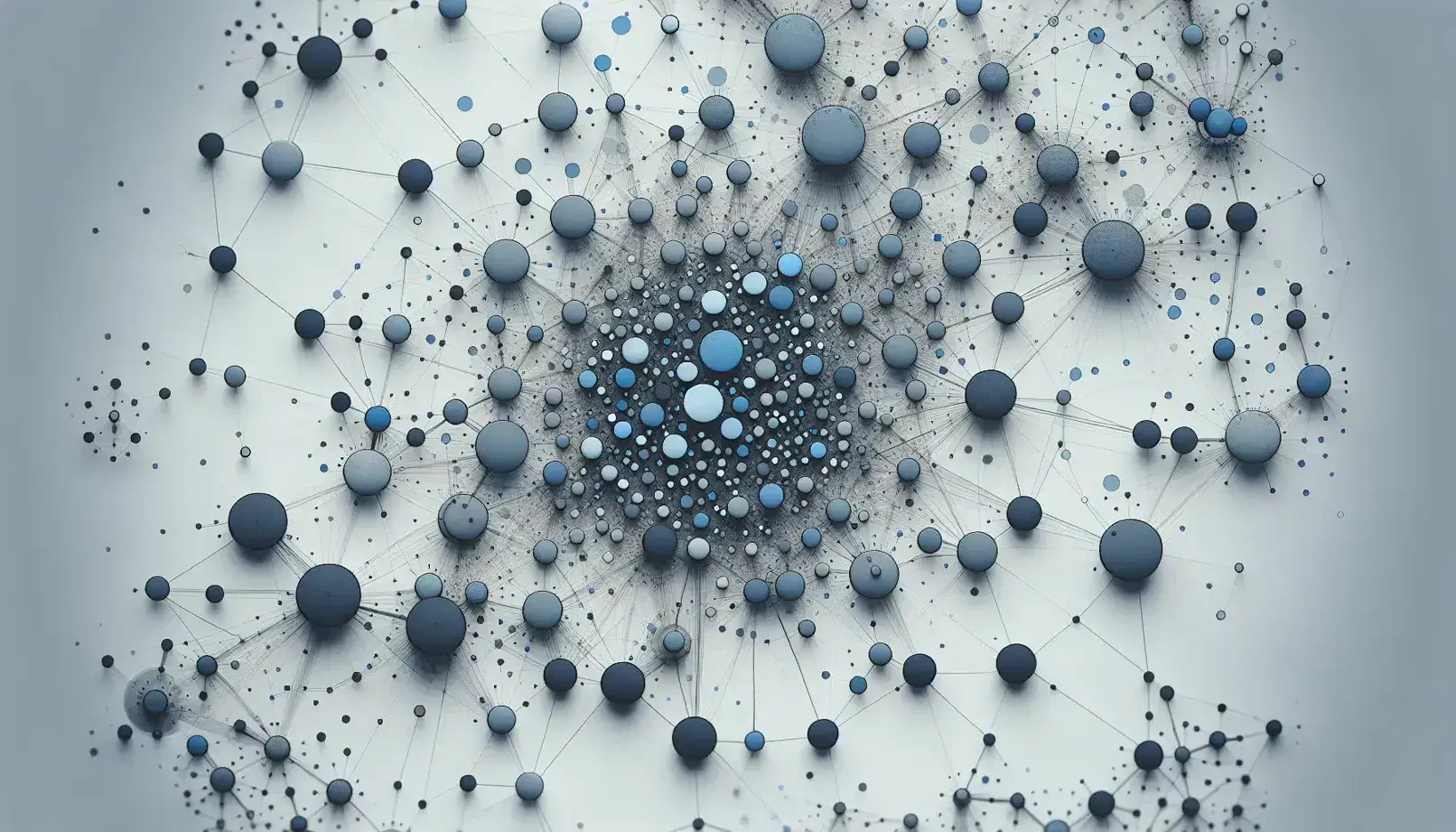 Complex network of interconnected nodes in shades of blue on a gray background, with larger central nodes and dense connections suggesting interactivity.