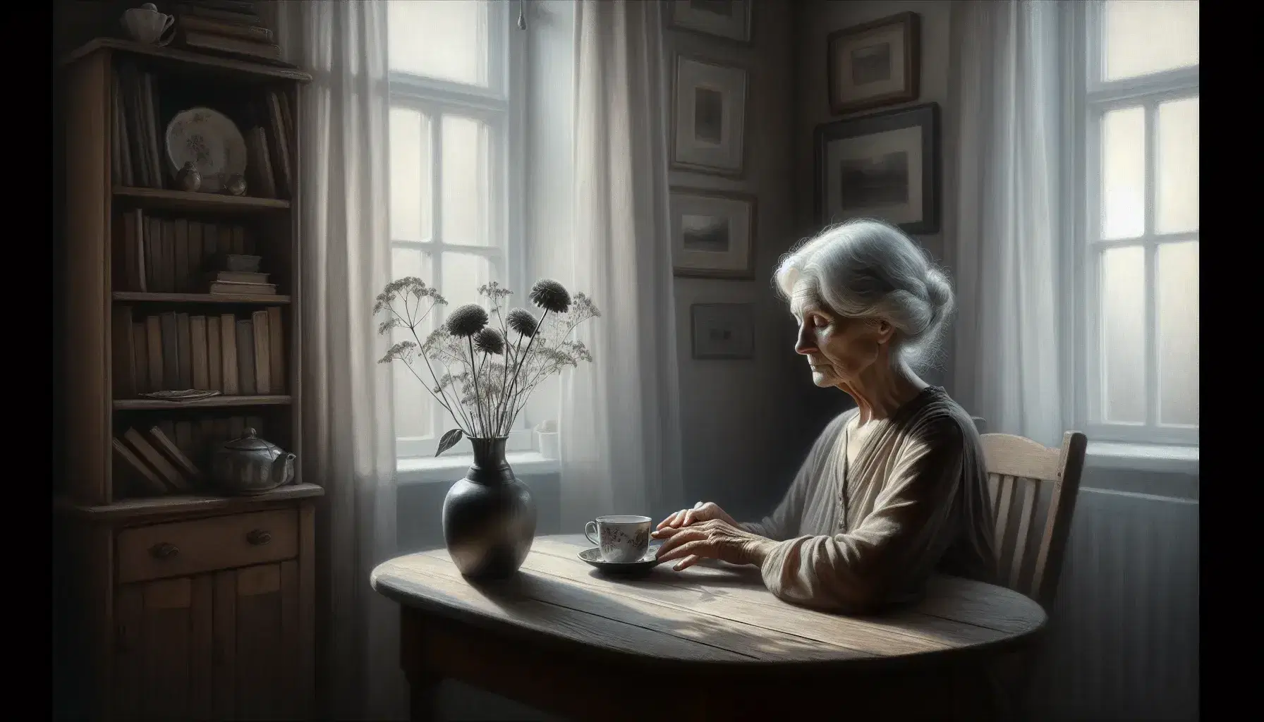 Elderly woman sitting by a window, hands on a teacup, with soft light highlighting her silver hair and a backdrop of a bookshelf and a wilting flower on the sill.