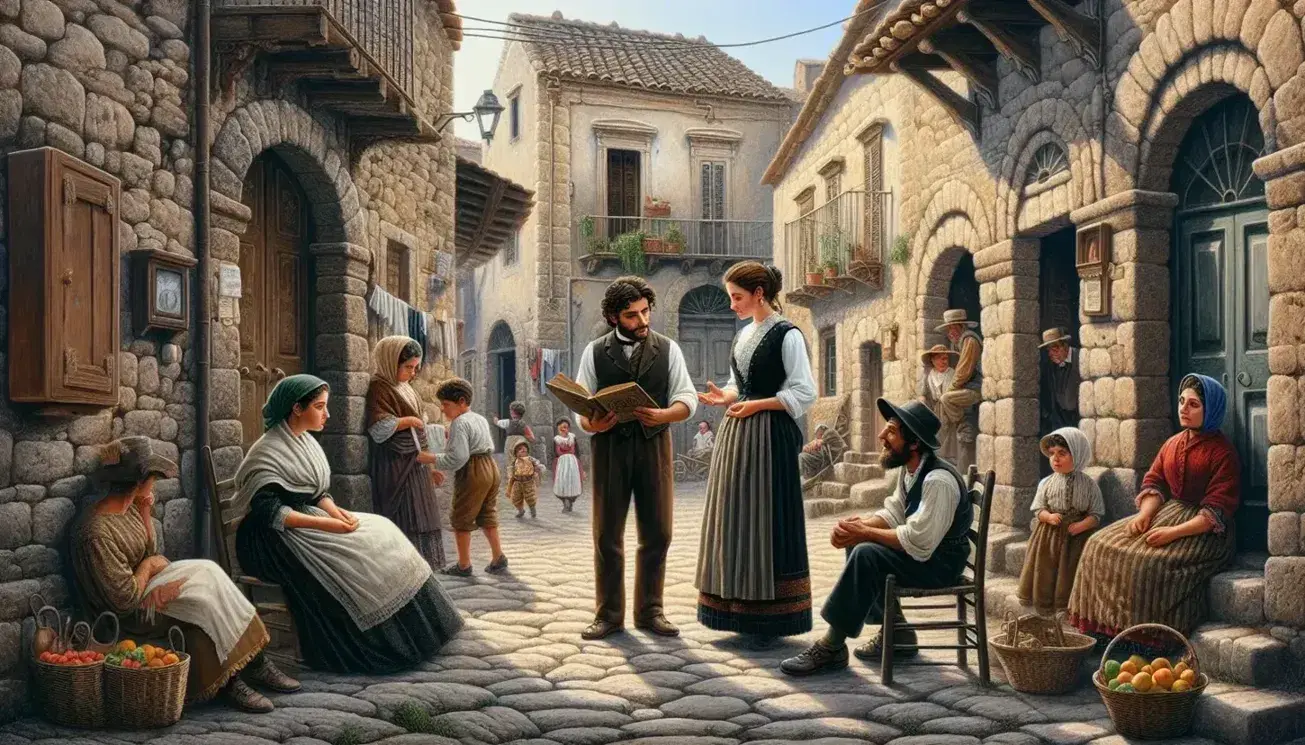 Scena di vita quotidiana in un villaggio siciliano ottocentesco con uomo che legge un libro e donna in abiti tradizionali che discute.