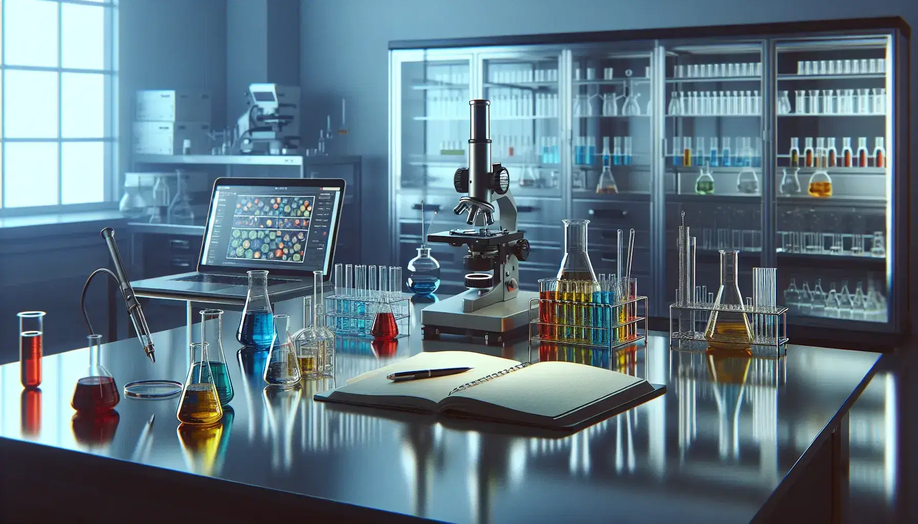 Laboratorio scientifico moderno con banco di lavoro in acciaio, becher colorati, microscopio, laptop e figura sfocata di ricercatore.