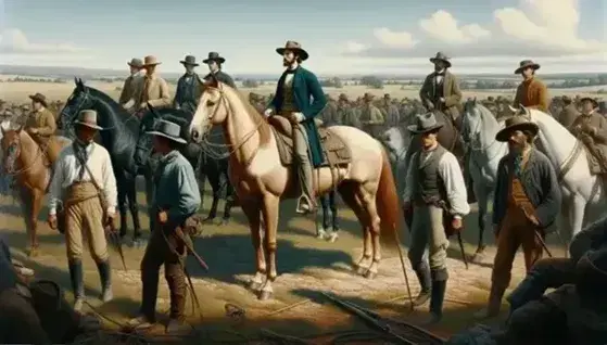 Grupo de figuras en atuendos coloniales, con un jinete central en caballo castaño liderando, rodeado de personas y caballos en un campo abierto bajo un cielo azul.