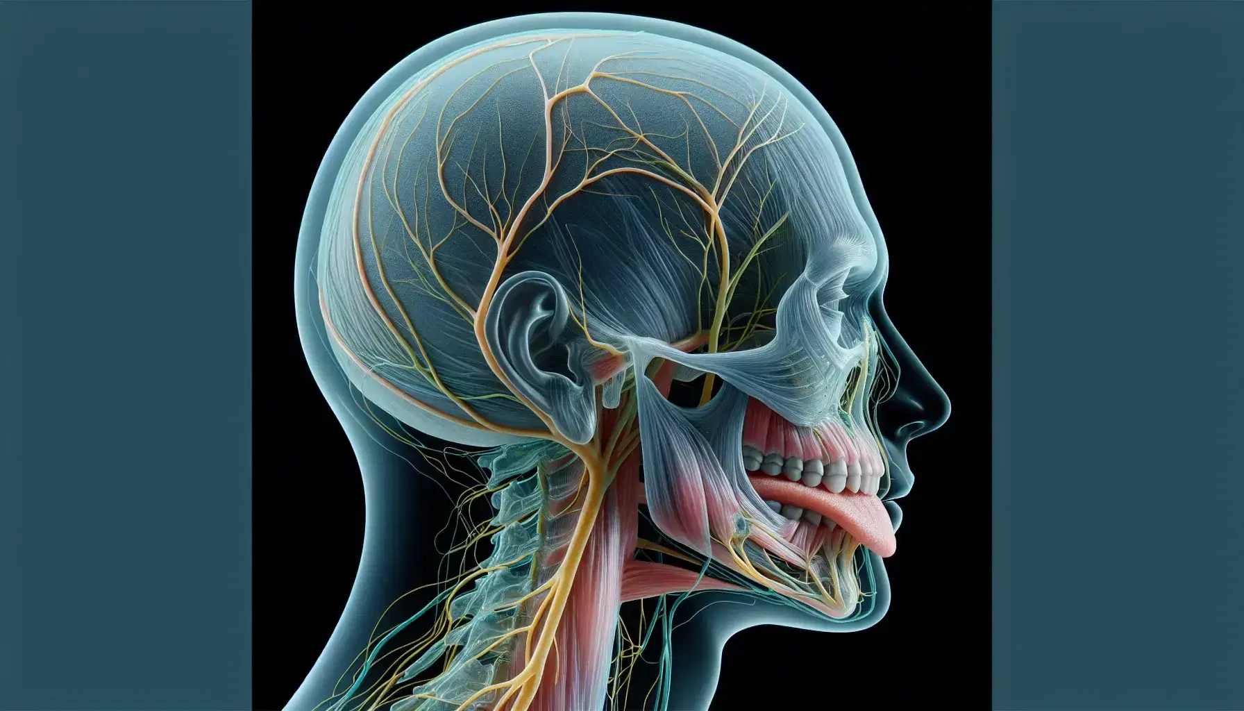 Vista lateral de una cabeza humana transparente mostrando la anatomía detallada de la lengua en rosa y nervios en amarillo y verde.