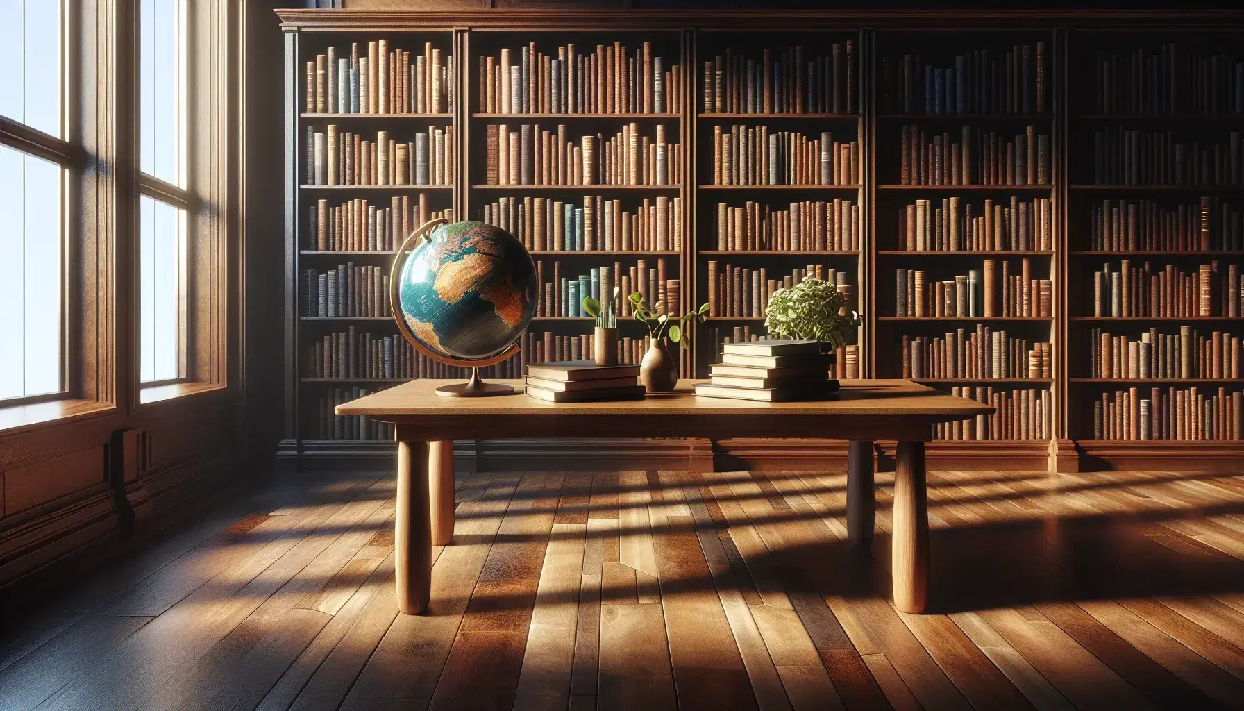 Biblioteca acogedora con estanterías de madera oscura llenas de libros, mesa con globo terráqueo y planta, iluminada por luz natural de ventana grande.