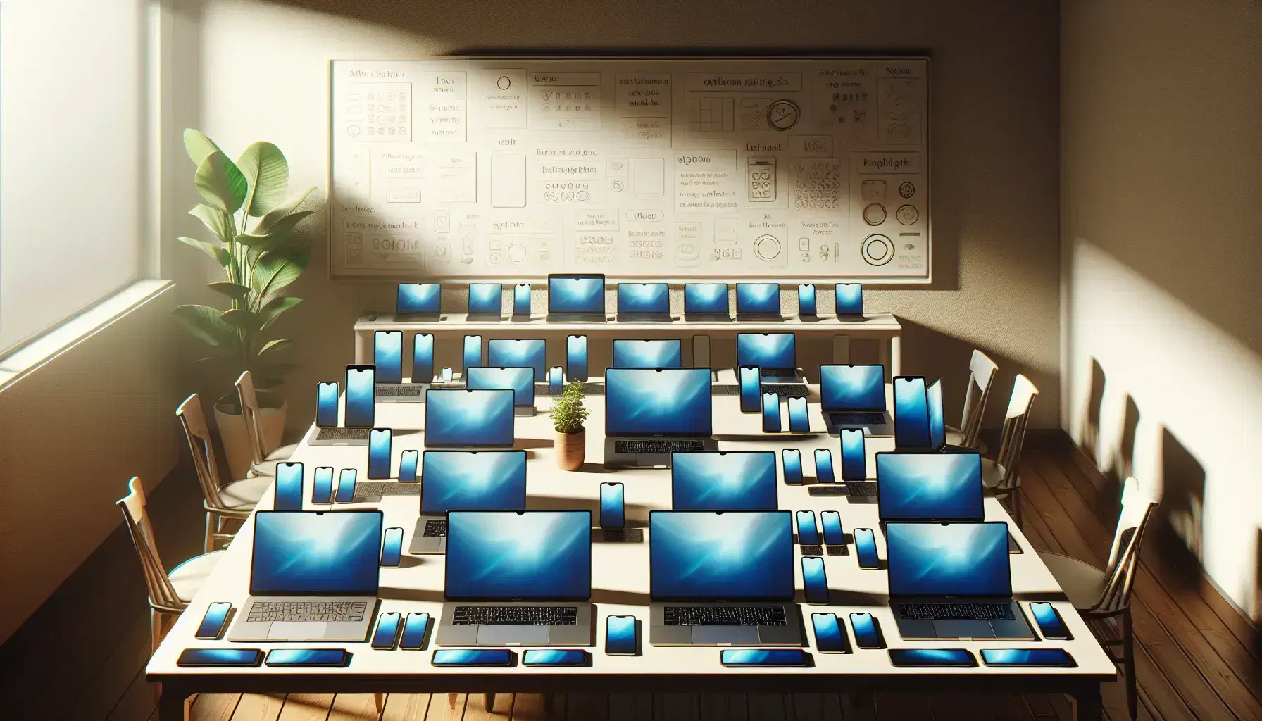 Laptops abiertas en semicírculo sobre mesa clara con pantallas brillantes y conjunto de smartphones y tablets apilados al centro, junto a planta interior y pizarra blanca al fondo.