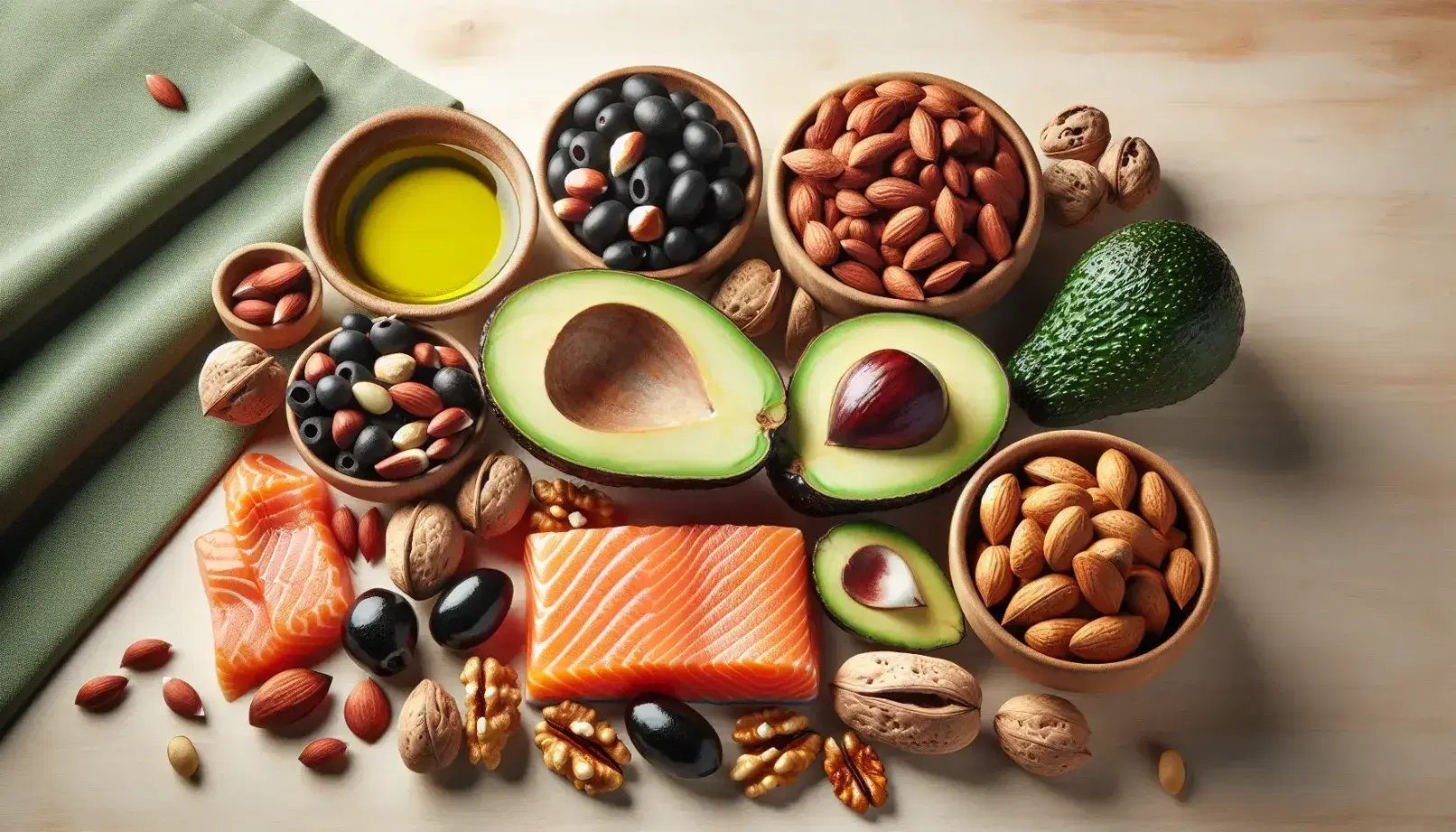 Variedad de alimentos saludables en superficie de madera con aguacate cortado, nueces, filete de salmón, aceitunas negras, aceite de oliva en cuenco y semillas de chía y almendras dispersas.