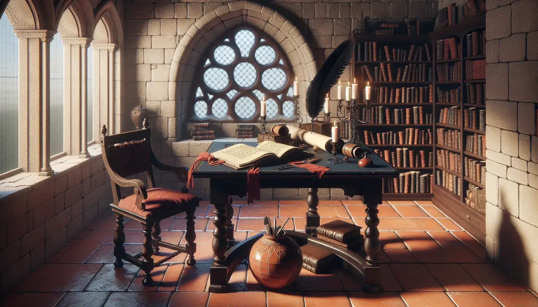 Escena medieval con mesa de madera, pergamino atado, pluma, tintero y libro abierto, silla con cojín rojo y estantería llena de libros junto a ventana arqueada.