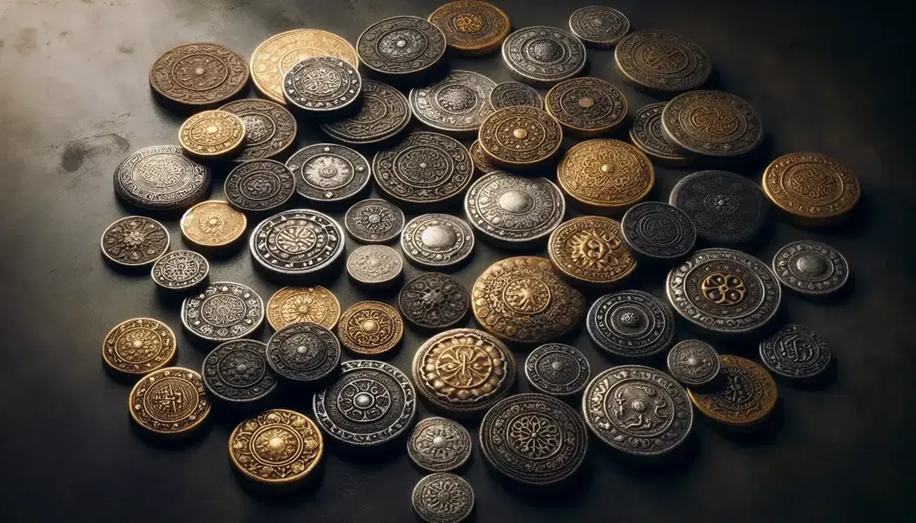 Assorted Mughal coins with intricate floral and geometric designs on a dark surface, showcasing gold, silver, and copper hues with visible wear and patina.