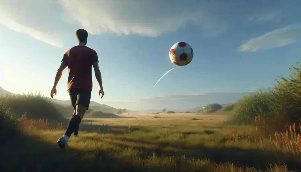 Soccer player in red shirt and black shorts kicking a ball mid-air in a grassy field under a clear blue sky.