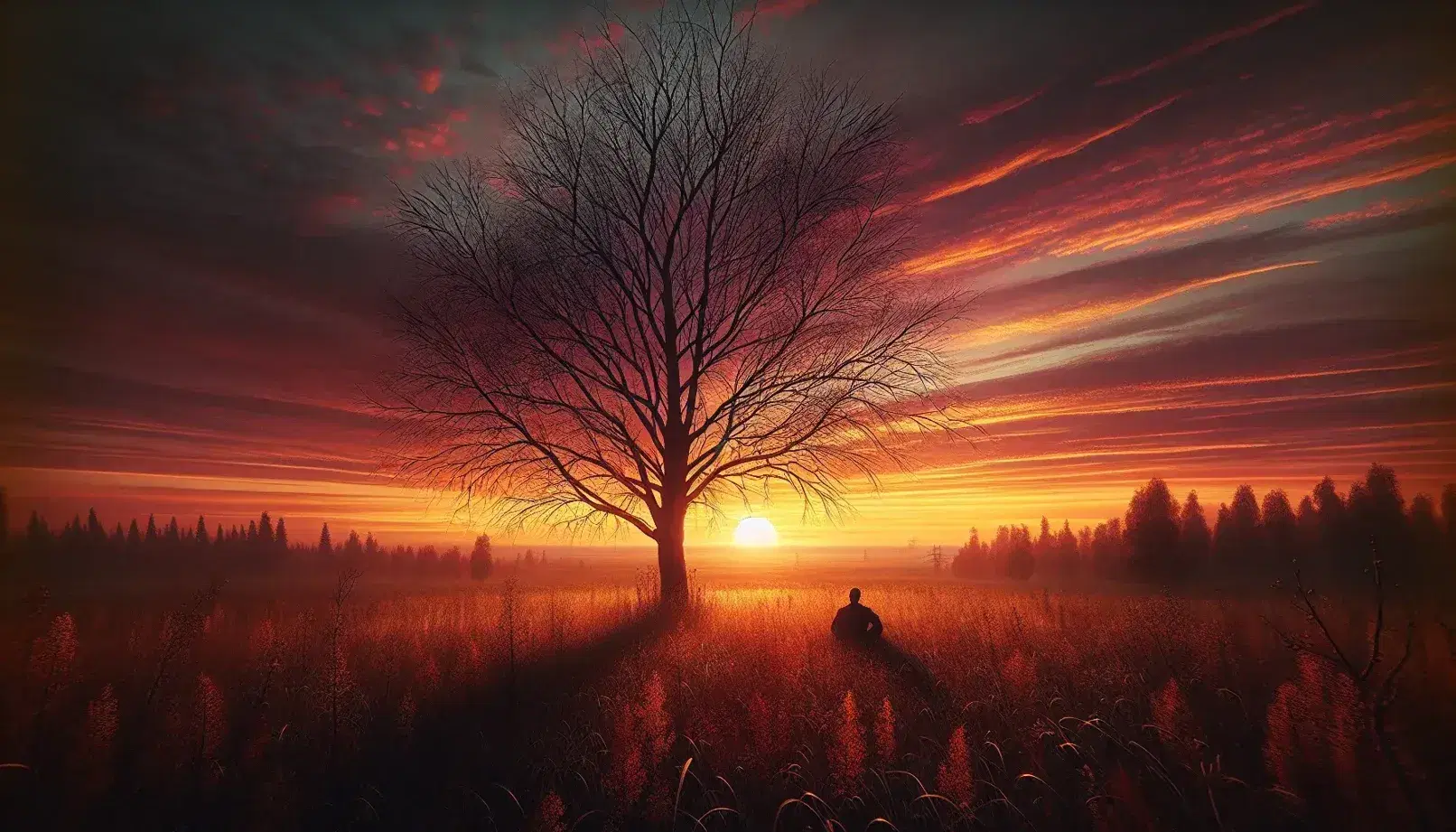 Tramonto con cielo arancione e rosa, silhouette di albero spoglio e uomo seduto a contemplare la scena in un campo.