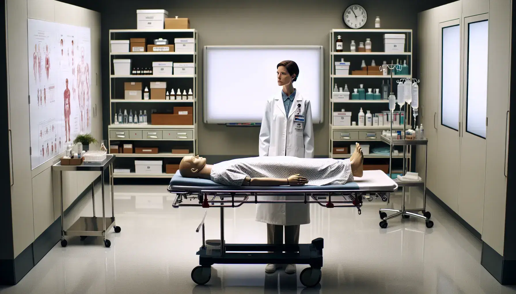 Mujer en bata de laboratorio practicando técnicas de cuidado de pacientes en un maniquí de enfermería sobre una camilla, con un fondo de pizarra y estantes con material médico.