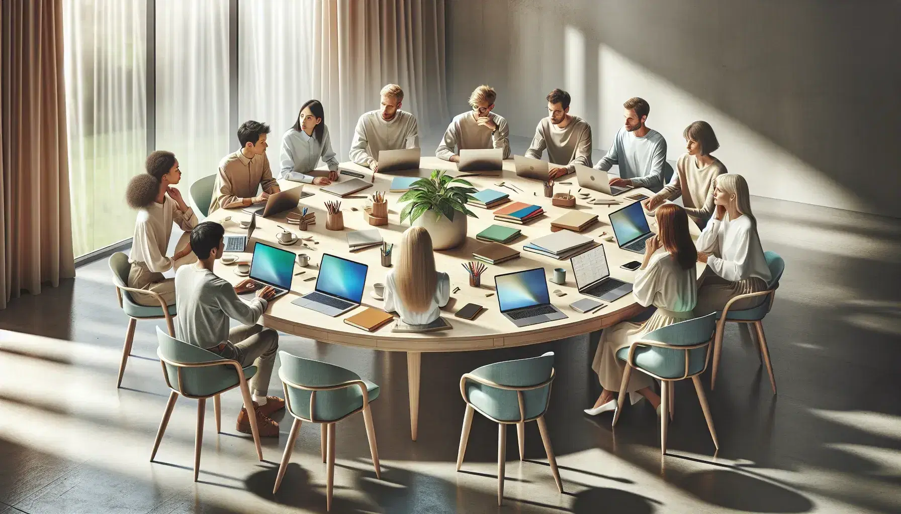 Grupo de profesionales diversos concentrados en una reunión de trabajo alrededor de una mesa redonda con portátiles y material de oficina, en un ambiente iluminado naturalmente.
