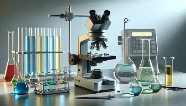 Microscopio metálico en laboratorio con tubos de ensayo de colores y otros instrumentos científicos sobre mesa clara.