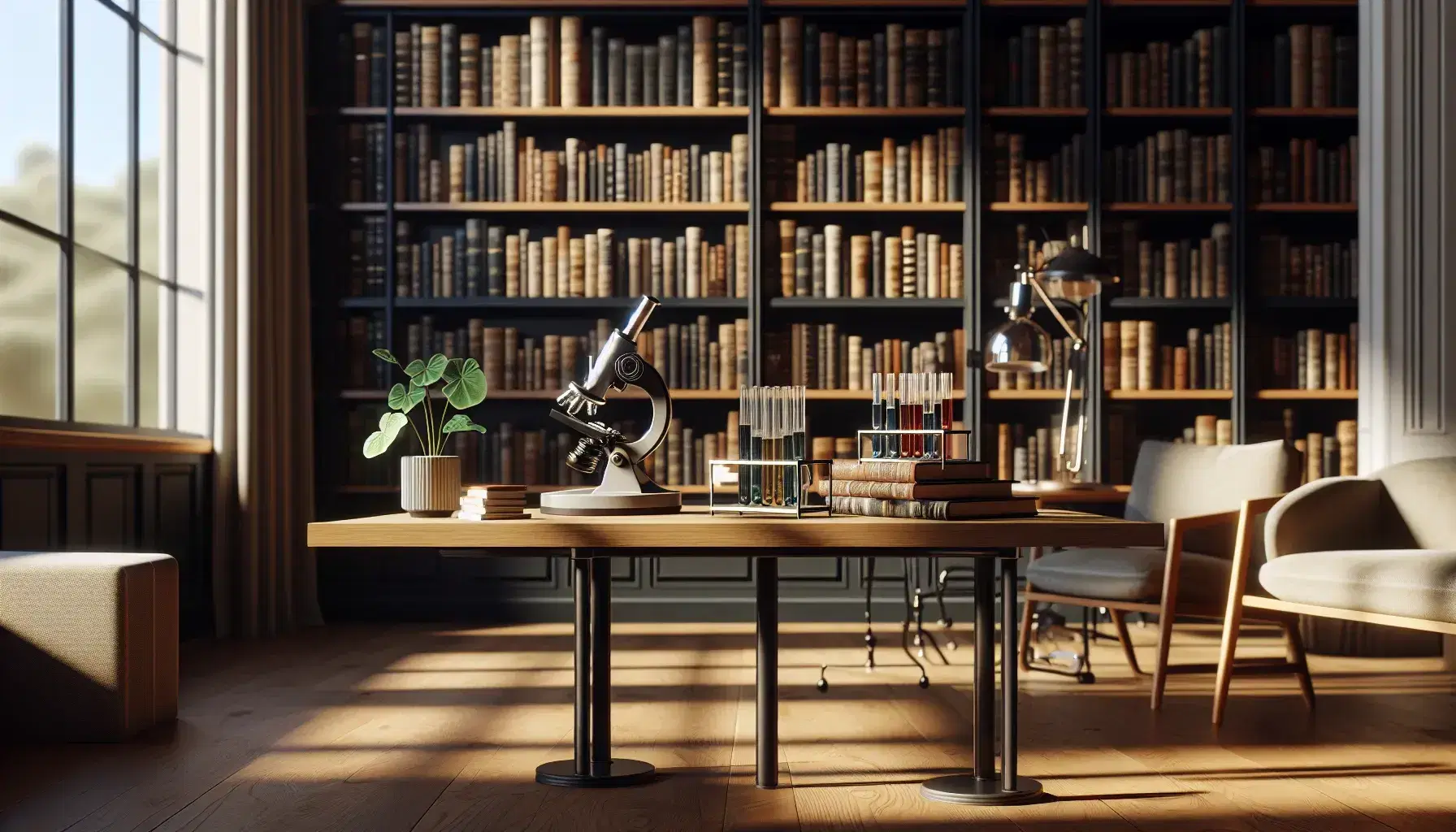 Biblioteca iluminada con estanterías de madera oscura llenas de libros, mesa con microscopio metálico y tubos de ensayo de colores junto a una planta, bajo luz natural.