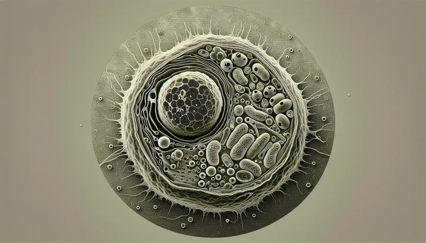 Sezione trasversale di cellula eucariotica al microscopio elettronico con nucleo, nucleolo, mitocondri, reticolo endoplasmatico e ribosomi.